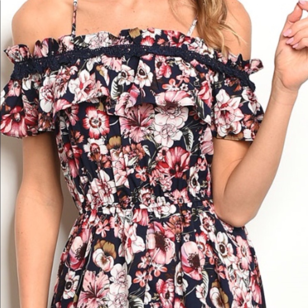 DARK NAVY FLORAL OFF THE SHOULDERS ROMPER MAXI - Picture 3 of 14